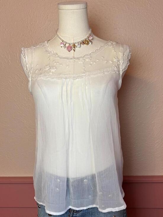 mandee Tops - lolita white lace sheer top mandee sz small fairy cottage dolly